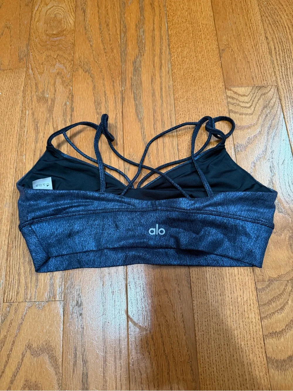 Alo Yoga Metallic Blue Black Strappy Sports Bra Bralette Criss Cross Back
